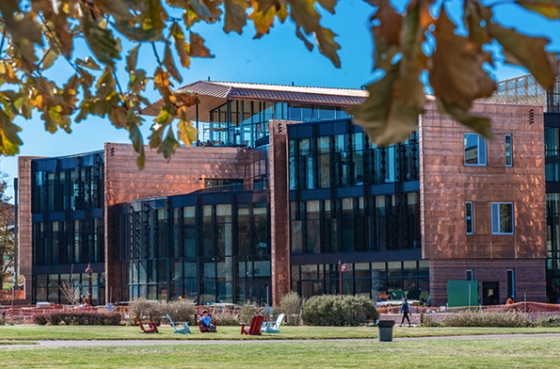 University Denver Community Commons building and campus green area