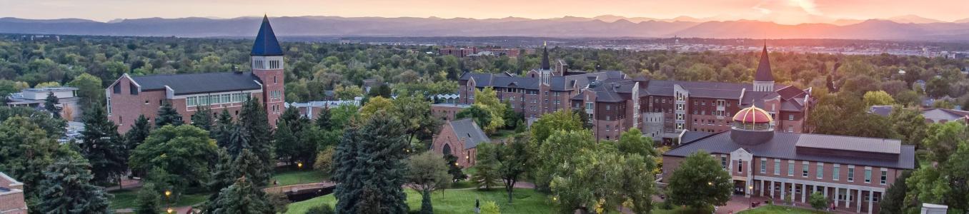 Drone view of DU campus.